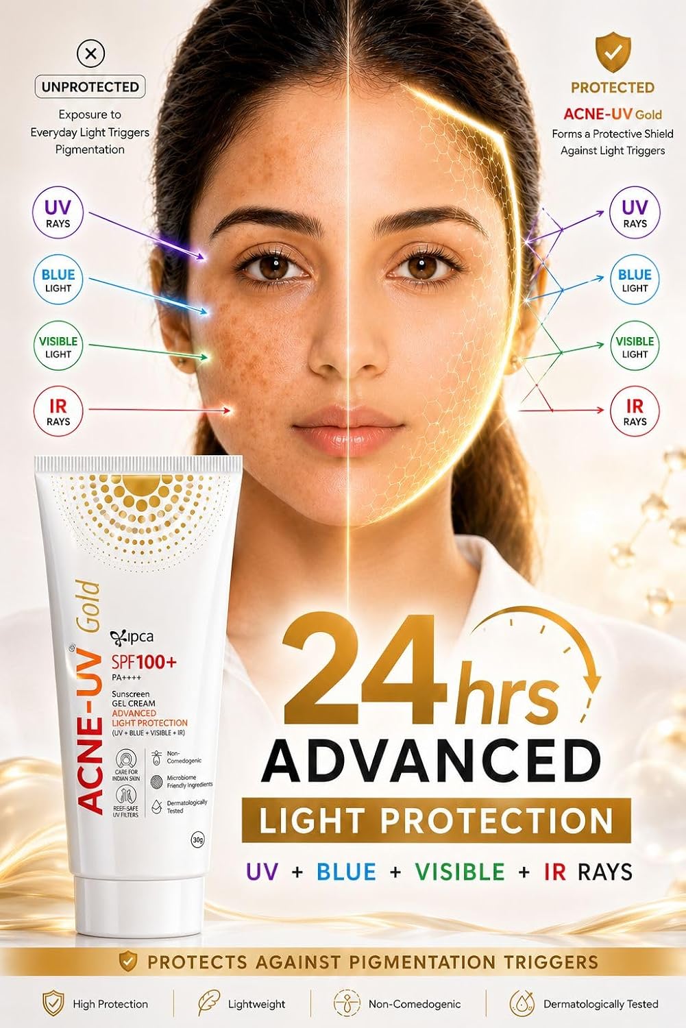 Ipca ACNE-UV GOLD Sunscreen SPF 100+ PA++++ | 30g Oil Free, Non Comedogenic Silicone Gel Sunscreen | UVA/UVB Protection | Water Resistant | No White Cast | Suitable for All Skin Types