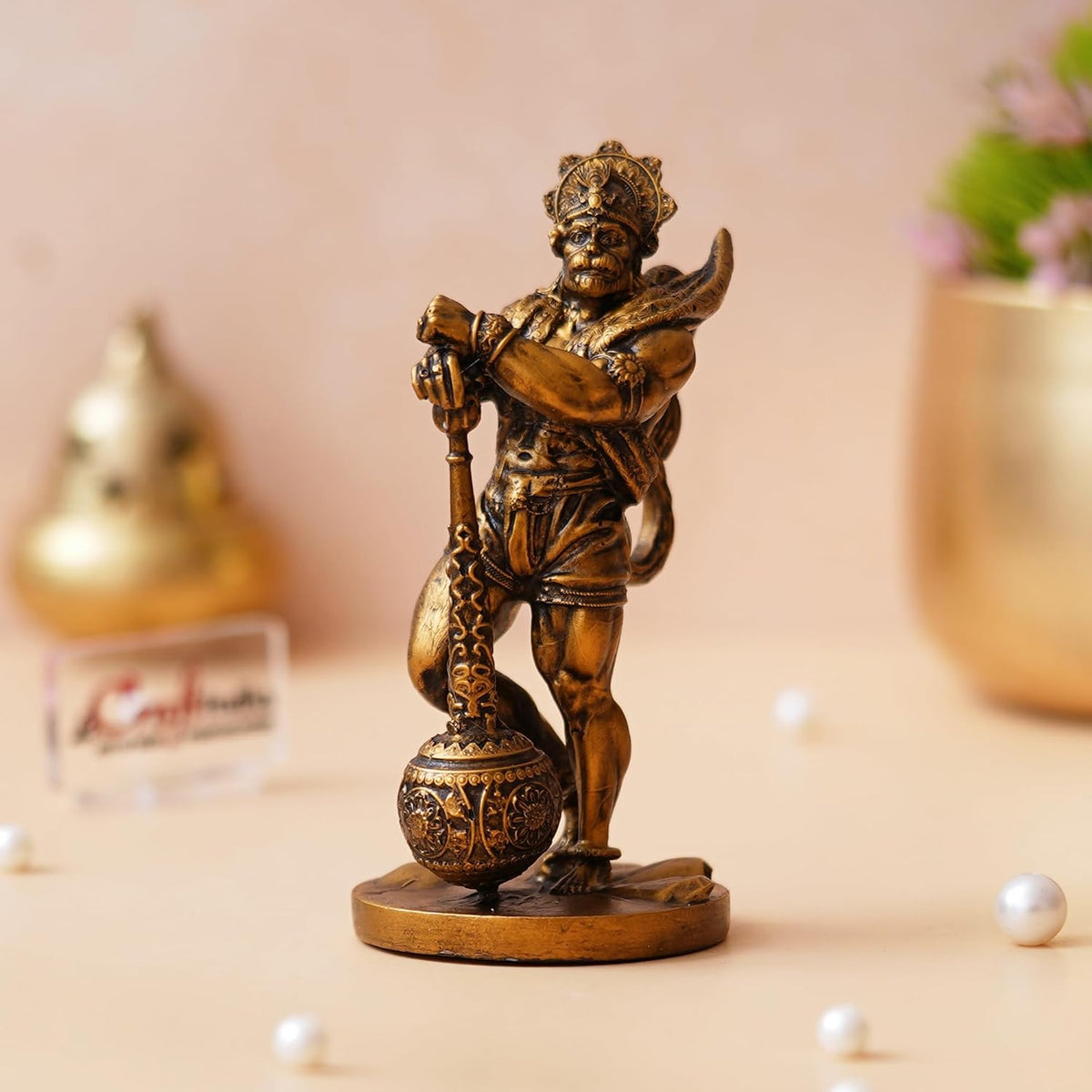 Golden Resin Hanuman Ji Murti with Gada | Lord Hanuman Idol for Car Dashboard Home Office Hanuman Statue Hanuman Murti Gift for Diwali Hanuman Jayanti Ram Navami Housewarming Birthday