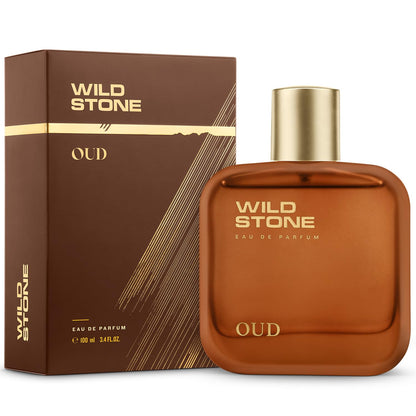 Brown Wild Stone Oud perfume bottle and packaging on a white background