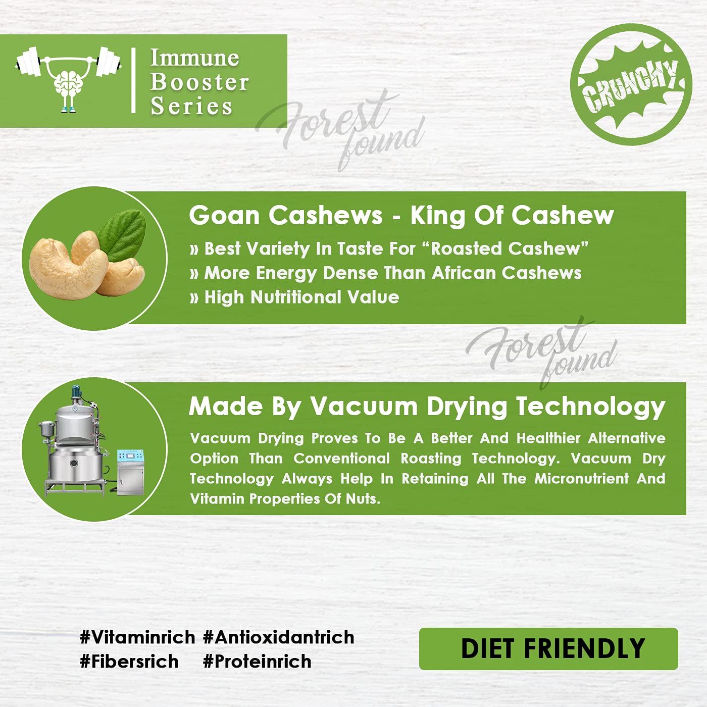 Forest Found W320 Grade Oven Roasted and Salted Cashew Nuts 900g | Crunchy Roasted Kaju Oil Free & Low Sodium Dry Roasted Cashews | Healthy Vegan Protein Snack - Jumbo Size Whole Cashews