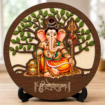 Plan To Gift Siddhivinayak Ganesh Premium Wooden God Idol for Indoor Temple, Living Room Shelf, Work Desk & Puja Decor - 5x5 Inch