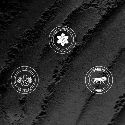 Three circular icons on a textured black background with 'No Mineral Oil', 'No Paraben', and 'Made in India' text.
