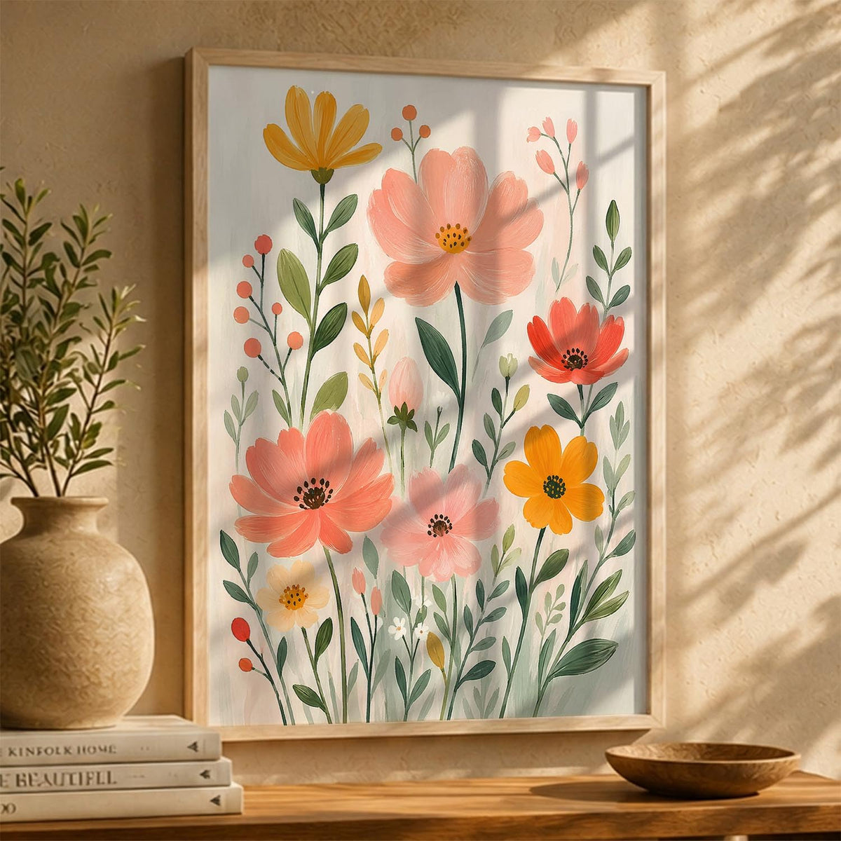 Decorative Floral Wall Art Painting With Frame | Floral Painting For Living Room Bed Room Hotel Wall Decor Digital Reprint (14X20 inch)