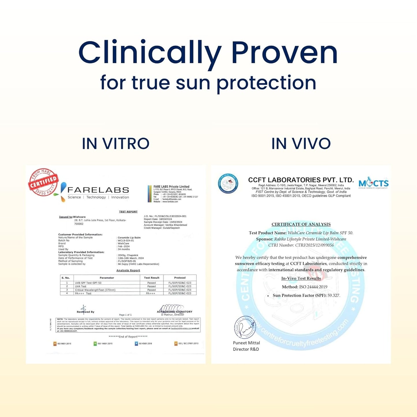 Certifications for sun protection product with 'Clinically Proven' text on a white background.