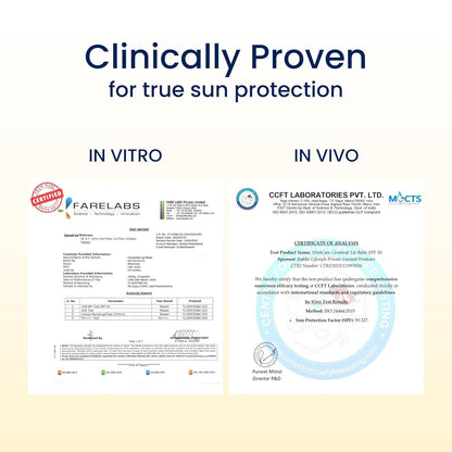 Certifications for sun protection product with 'Clinically Proven' text on a white background.