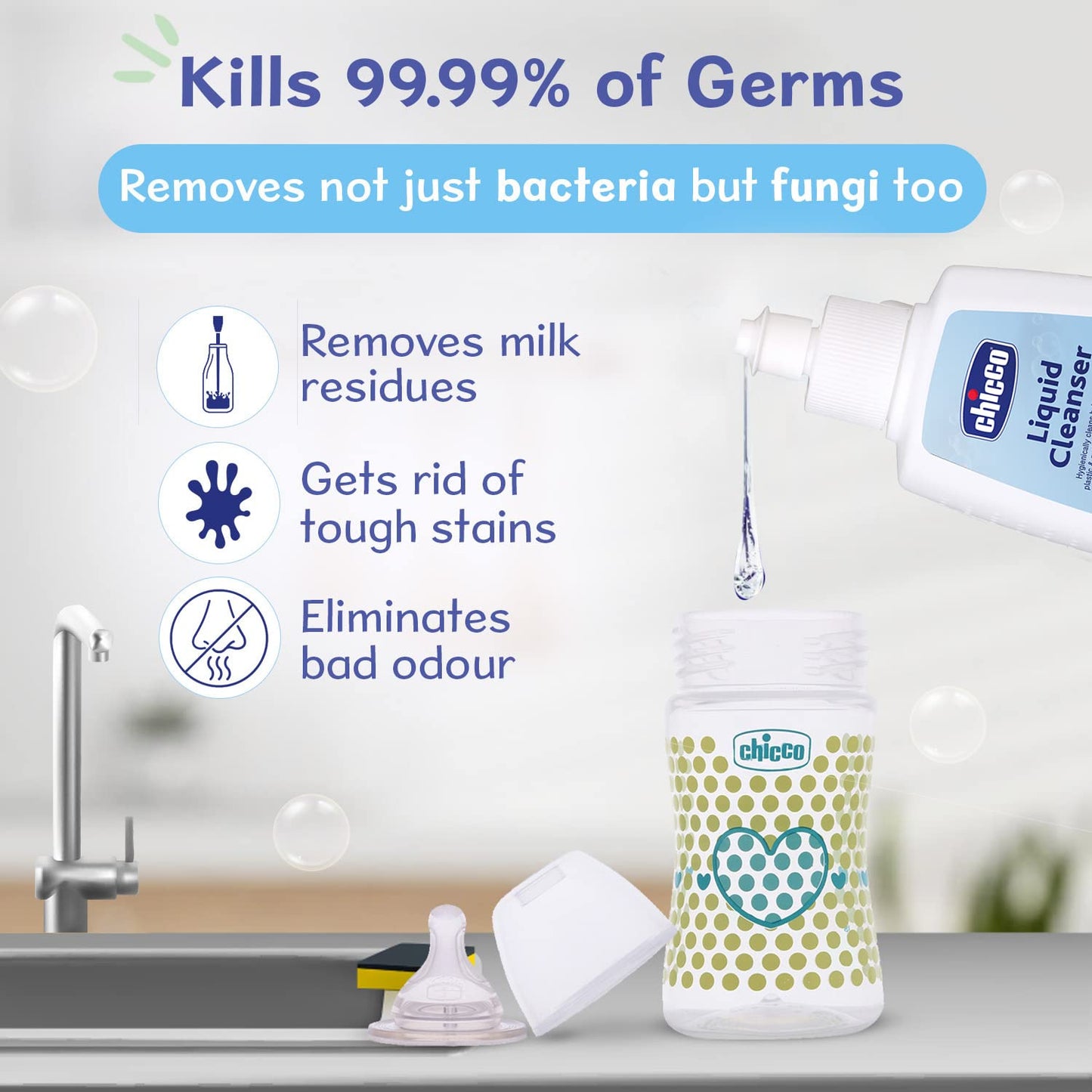 Chicco Liquid Cleanser 200ml I 100% Food Grade & Natural Ingredients I Kills 99.99% germs I Effective cleaning of baby Bottles, Nipples, Accessories and Toys I Baby safe & Dermatologically Tested