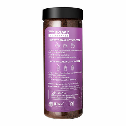 Bevzilla Vanilla Flavoured Instant Coffee Powder - 200g | Make upto 100 Cups | Arabica Coffee | Best for Espresso, Latte & Cappucino | Smooth Medium Roast, Hot & Cold Coffee