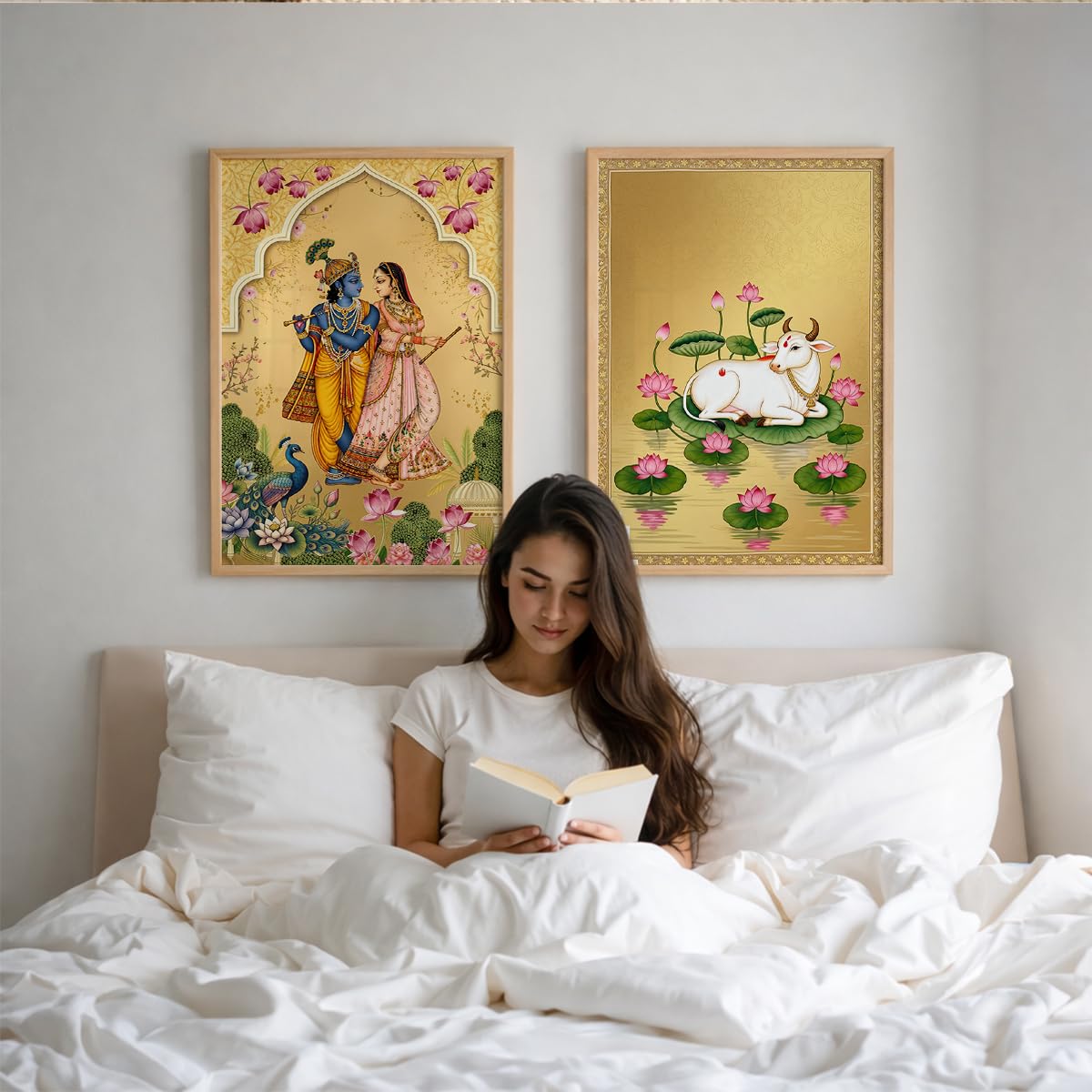 Pichwai Radha Krishna Nandi Cow Gold Wall Art Painting | Set of 2 Framed Paintings | Traditional Indian Decor for Living Room Pooja Room Bedroom | (ART 8, 13x19 INCHES)