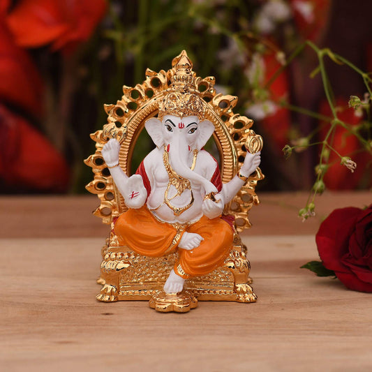 Gold Plated Ganesha Idol Statue for Gift - God Ganesh Ganpati Sitting Idols Sculpture Good Luck & Success for Home Puja Gifts (Size 3.5 x 2 Inches)