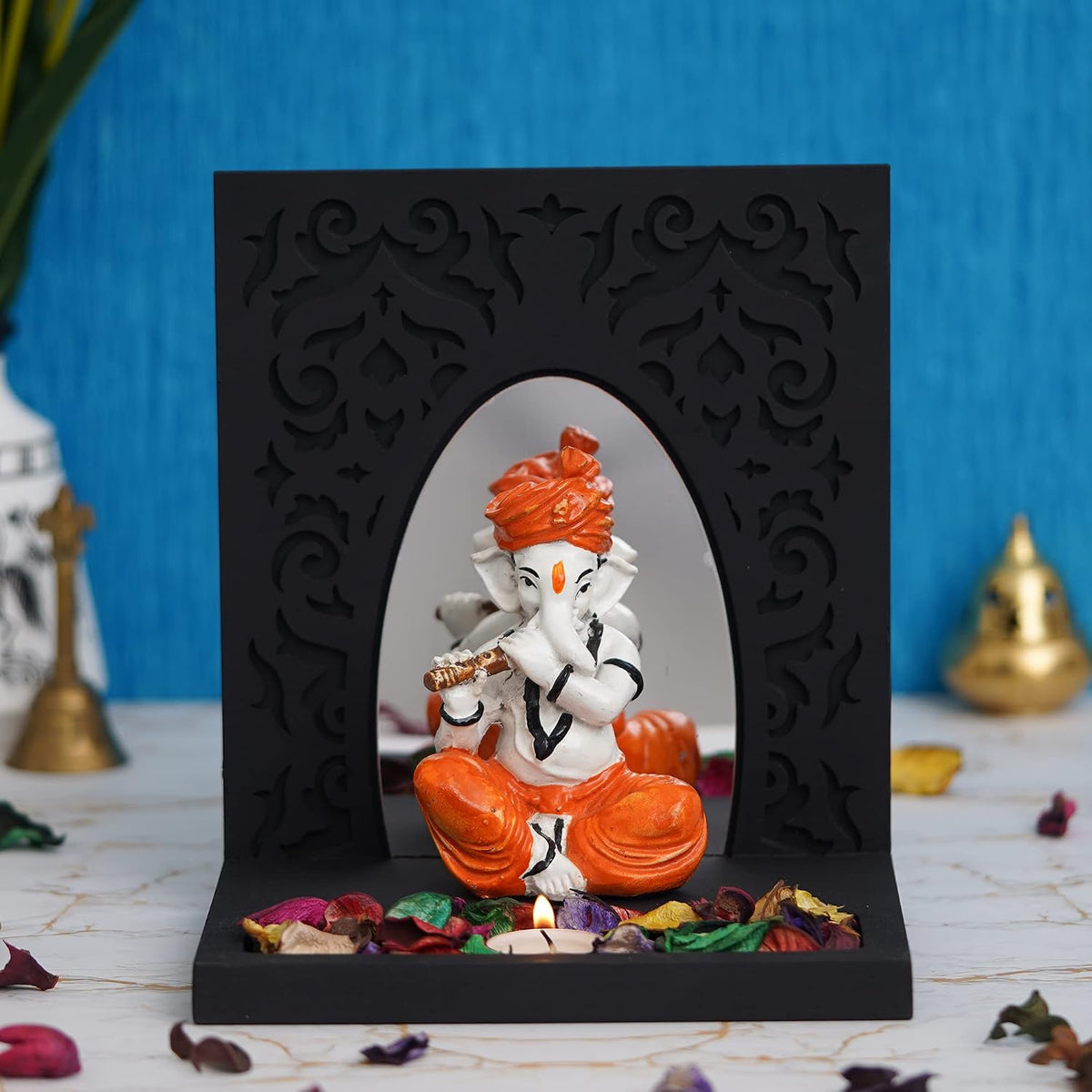 Orange White Resin Lord Ganesha Idol Playing Flute Showpiece Potpourri Tea Light Candle Holder| Ganpati Murti Tea Light Holder Diwali Decoration Items for Home Decor Office| Diwali Gift