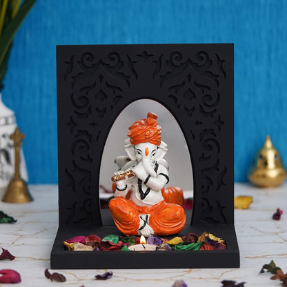Orange White Resin Lord Ganesha Idol Playing Flute Showpiece Potpourri Tea Light Candle Holder| Ganpati Murti Tea Light Holder Diwali Decoration Items for Home Decor Office| Diwali Gift