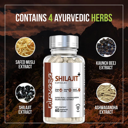 Nirvasa Pure Shilajit/Shilajeet (800mg) 60 Capsules | Boost Strength, Stamina, Energy & Immunity | Supports Vitality, Performance & Muscle Growth | Ashwagandha, Safed Musli & Kaunch Beej