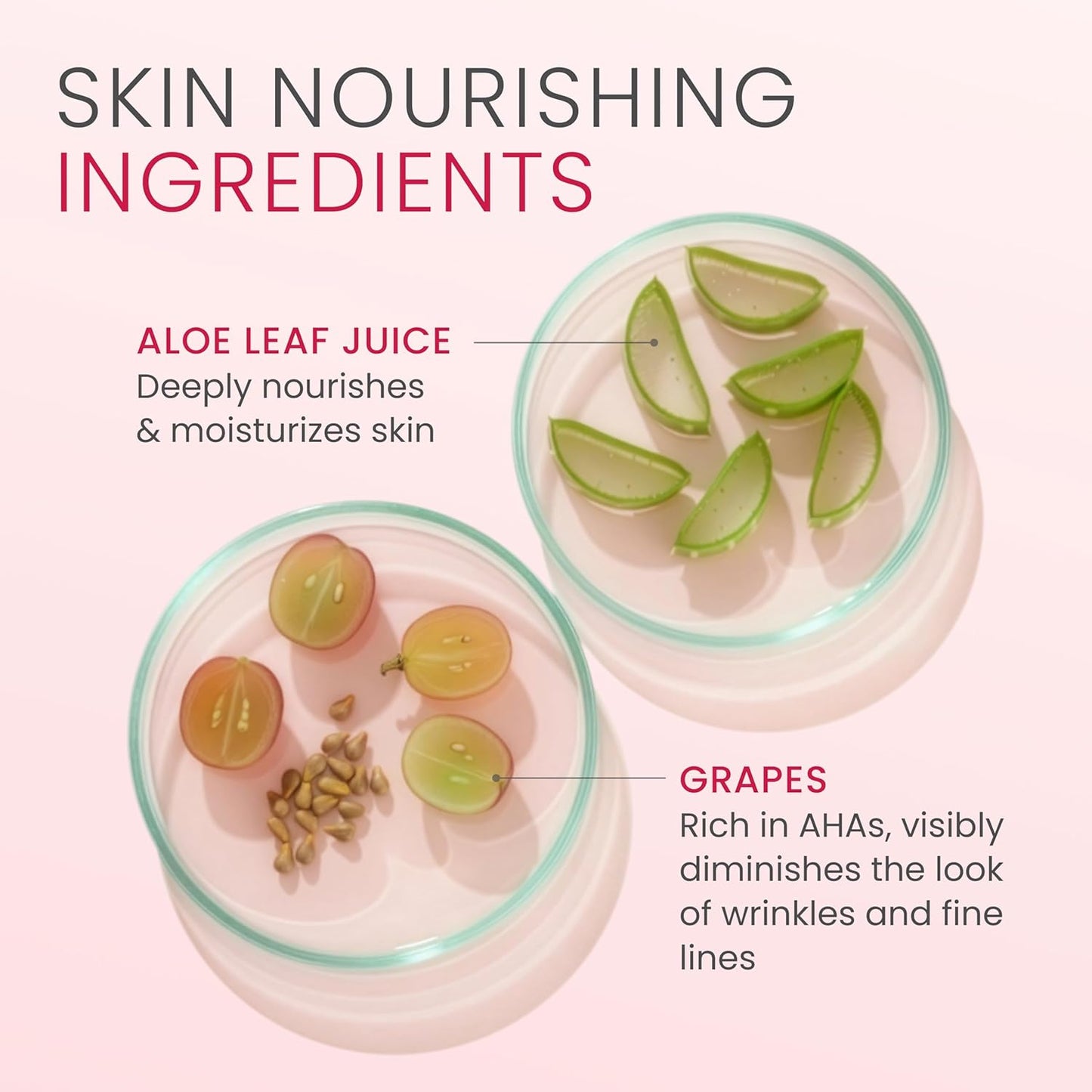 Illustration of skincare product with aloe leaf juice and grapes labeled for skin nourishing ingredients.