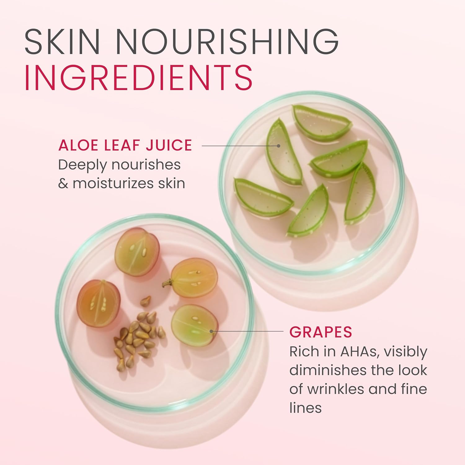 Illustration of skincare product with aloe leaf juice and grapes labeled for skin nourishing ingredients.