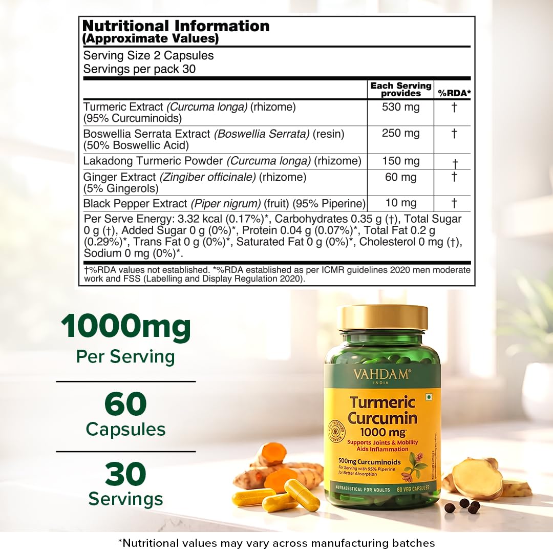 VAHDAM Turmeric Curcumin for Joint Support | 60 Capsules | Piperine & 95% Curcuminoids | Anti Inflammatory Supplement