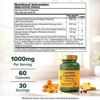 VAHDAM Turmeric Curcumin for Joint Support | 60 Capsules | Piperine & 95% Curcuminoids | Anti Inflammatory Supplement