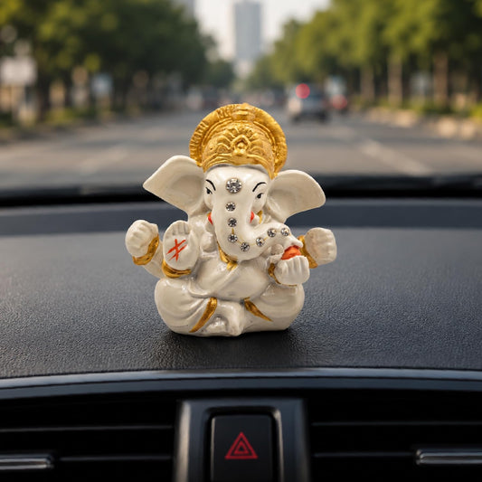 Ganesha Idol for Car Dashboard Ganesha Murti Ganpati Idol Home Decor Puja Lord Ganesh Statue Gift for Office for Office Desk Puja Room Figurine (White 3 inches)