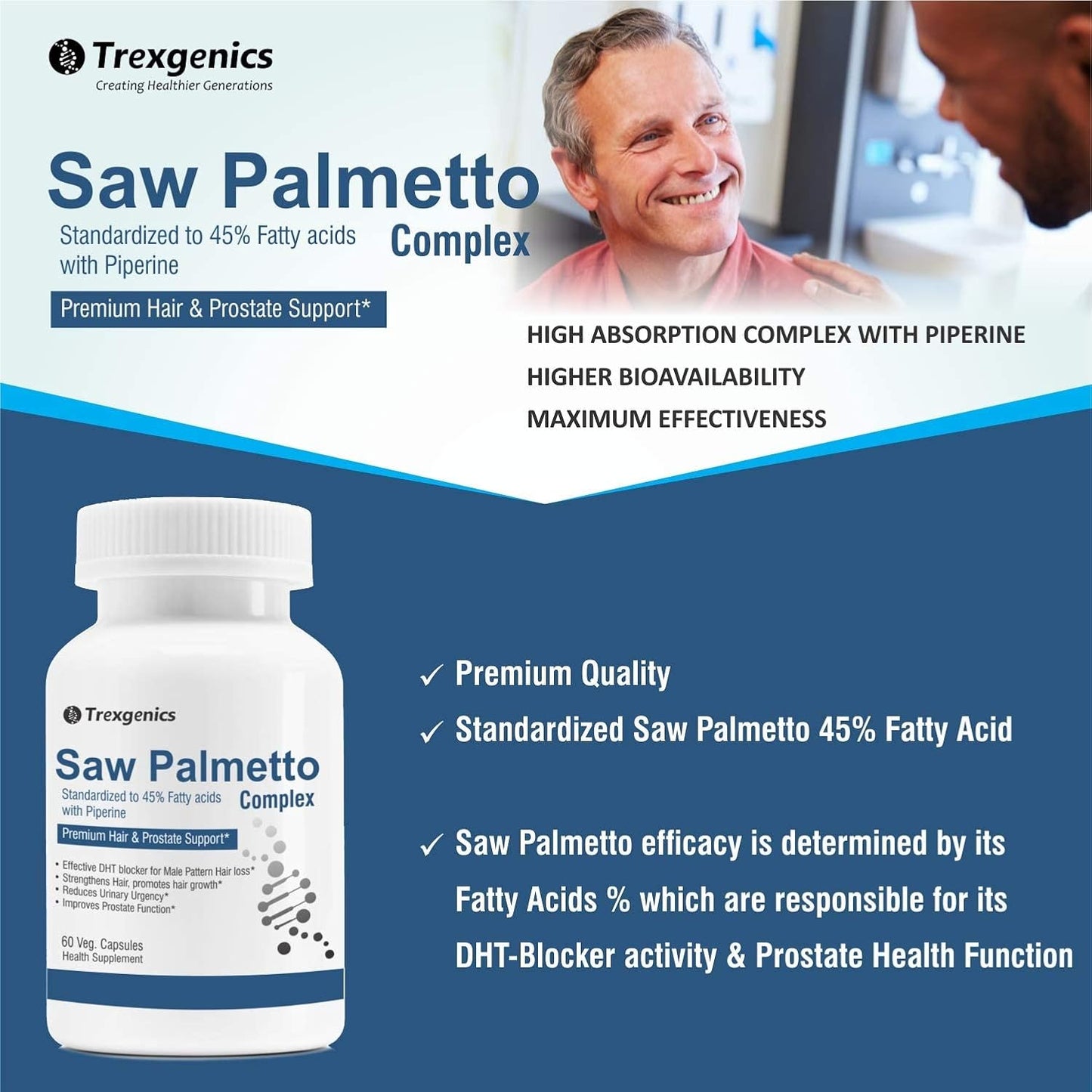 Advertisement for Trexegenics Saw Palmetto Complex with a man in a medical setting.