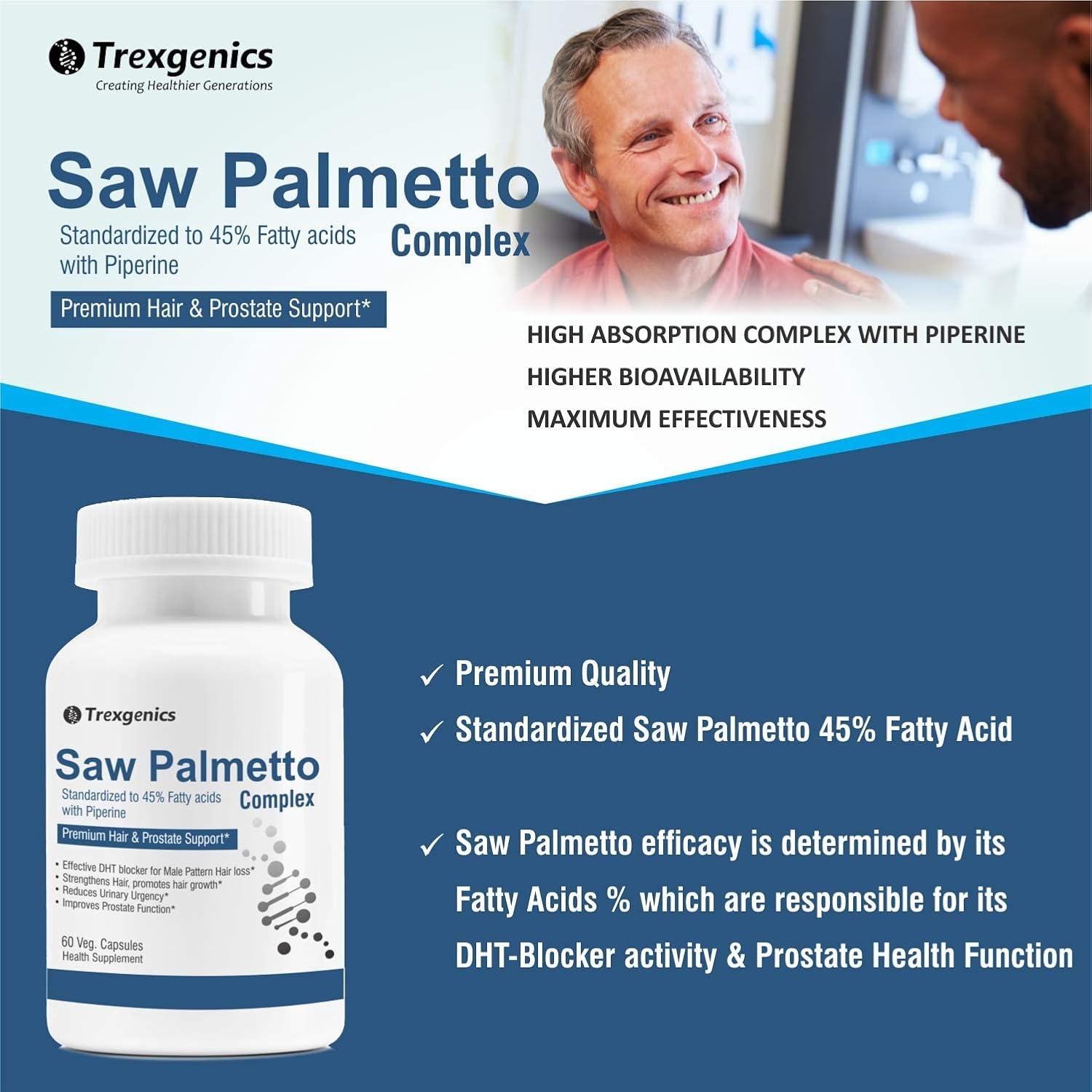 Advertisement for Trexegenics Saw Palmetto Complex with a man in a medical setting.