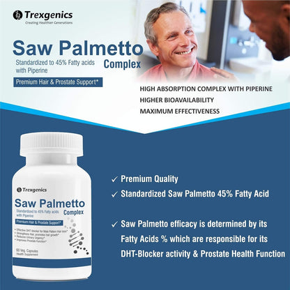 Advertisement for Trexegenics Saw Palmetto Complex with a man in a medical setting.