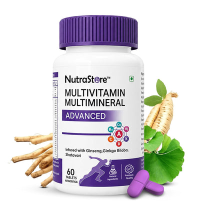 NutraStore Multivitamin Multimineral Advanced Tablets for Men & Women | With Ginseng, Ginkgo Biloba & Shatavari | Vitamins A, C, D3, K2, B12 for Energy, Immunity, Muscle Recovery & Wellness | 60 Veg Tablets
