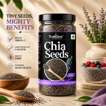 TruNutra Chia Seeds 200g | Omega-3, Fiber & Protein Rich Superfood for Eating | Supports Digestion, Weight Management, Bone Strength & Energy | Vegan | Non-GMO