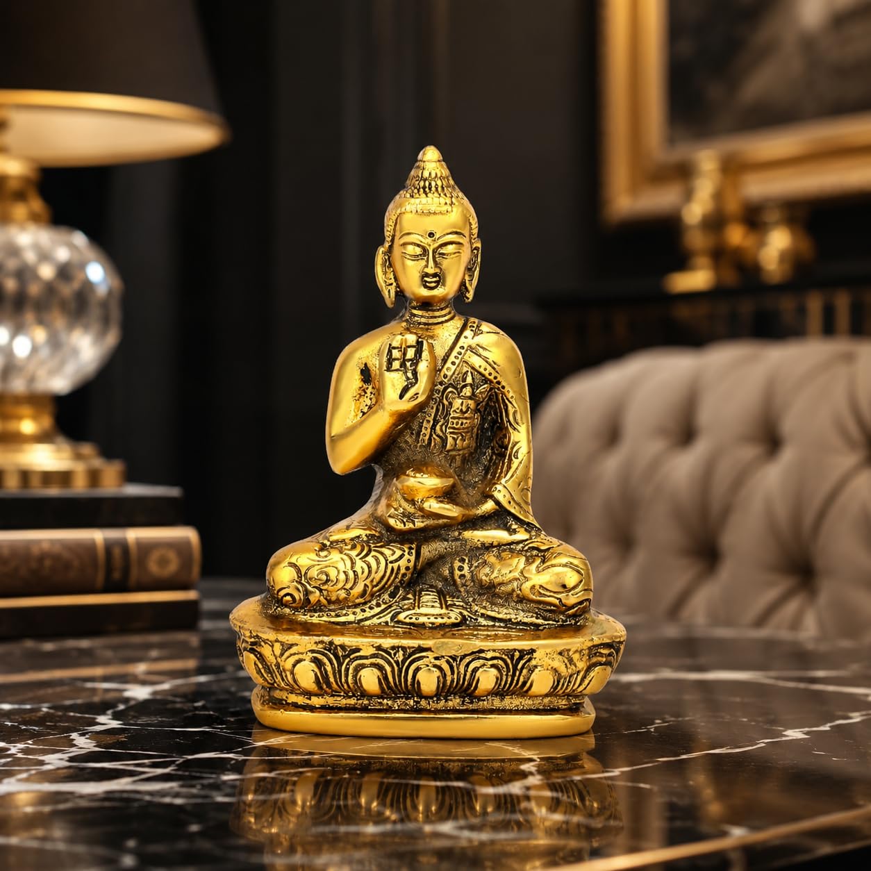 CraftVatika Lord Buddha Idol Statue showpiece for Spiritual & Festive Decor Gift | Metal Figure for Living Bed Room Table Top Diwali Decoration Items & Gifting, Gold