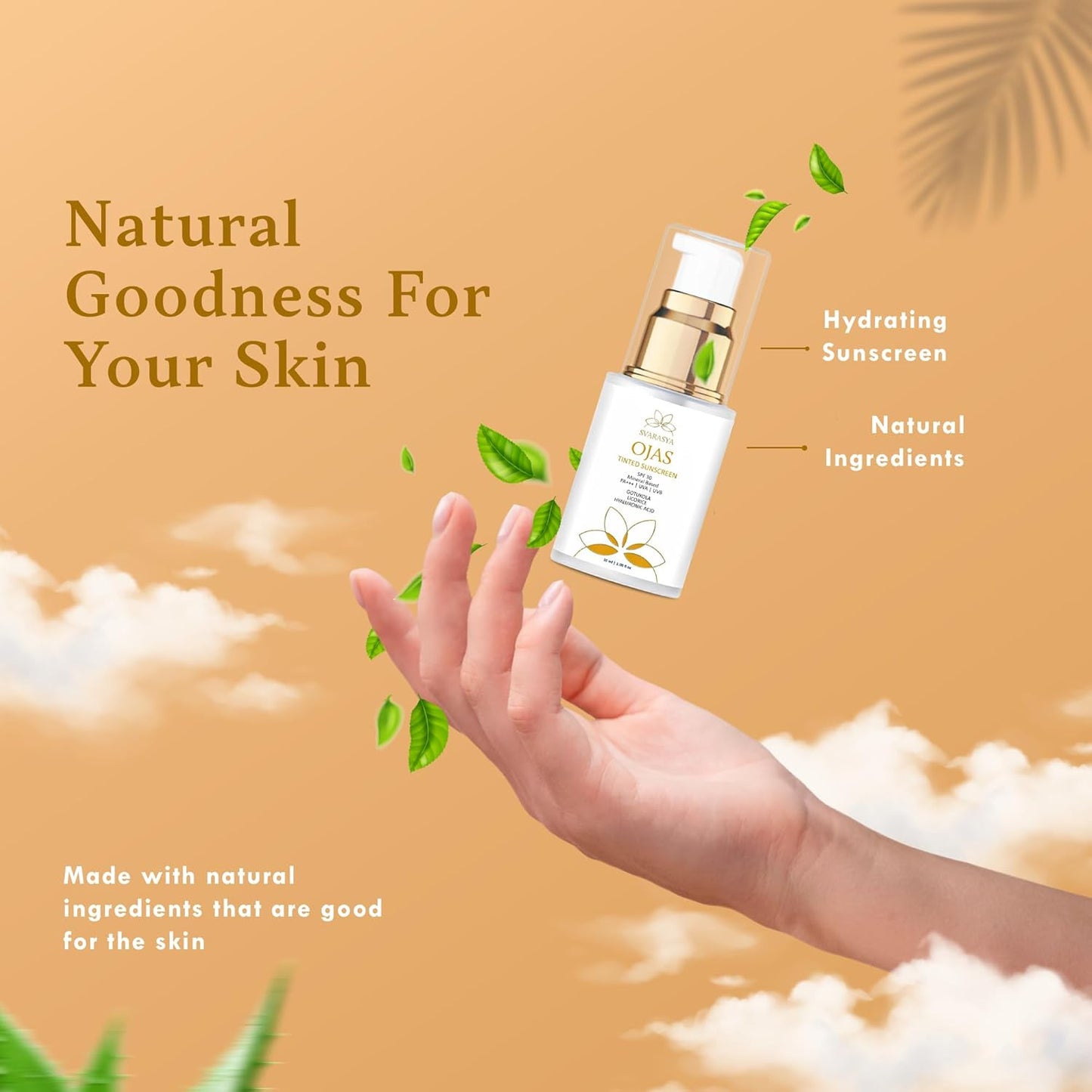 Svarasya Ojas Sunscreen SPF 30 PA+++ | Mineral Based Tinted Sunscreen | Protection Against UVA/UVB rays | Lightweight & No White Cast | For All Skin Types | Sun Cream for Men & Women