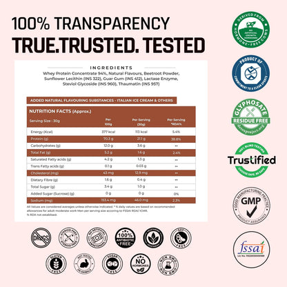 Product label with nutritional information, ingredient list, and various certification logos on a light pink background.