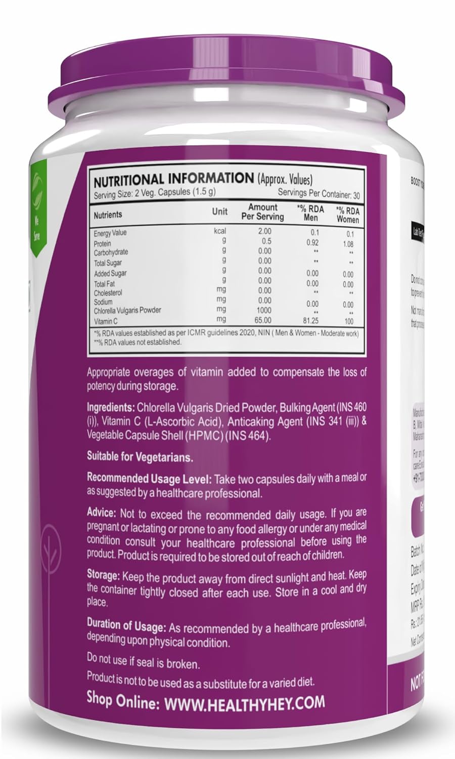 Nutritional information label on a supplement container with a purple label.