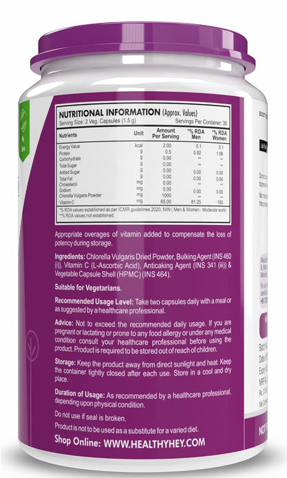 Nutritional information label on a supplement container with a purple label.