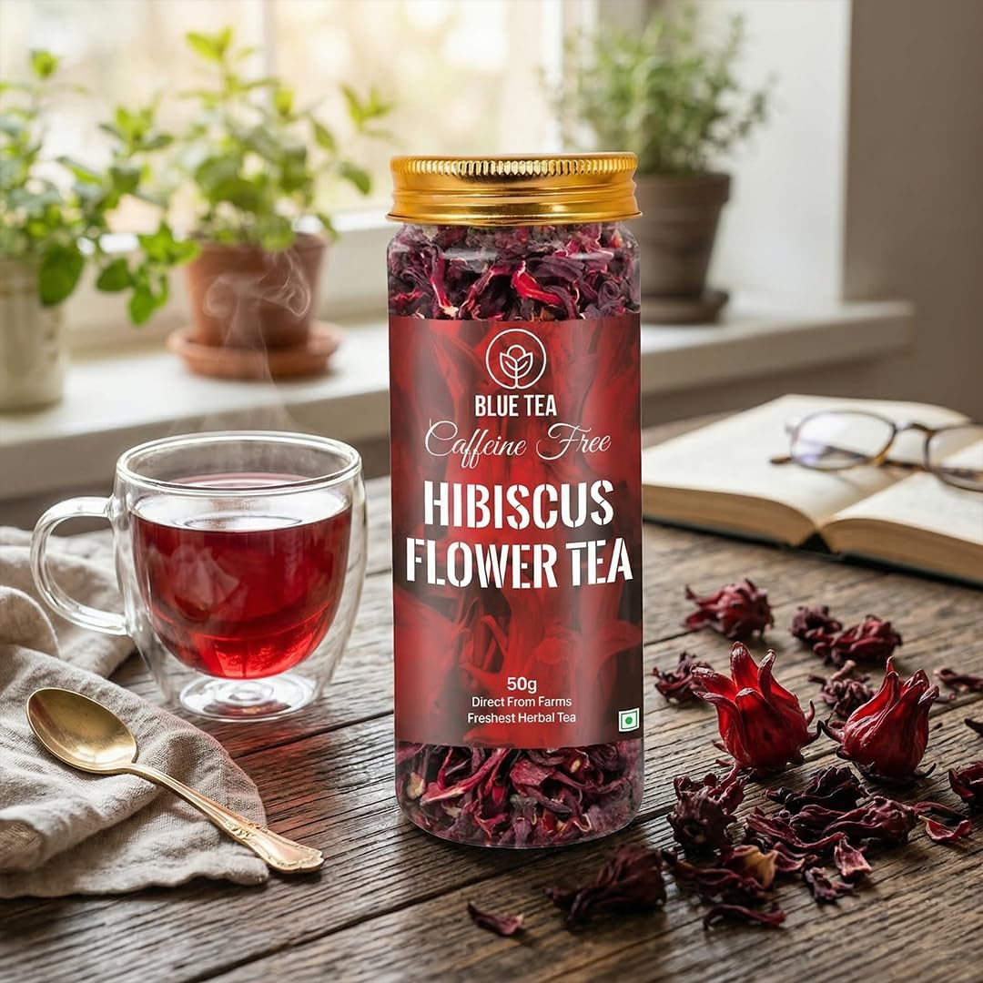 BLUE TEA Hibiscus Tea Leaves 50 gm (80+ Cups) | Dried Hibiscus Flowers | Gudhal Ke Phool | Caffeine Free Herbal Infusion | Dry Flowers | Skin & Hair Care | Pet Jar