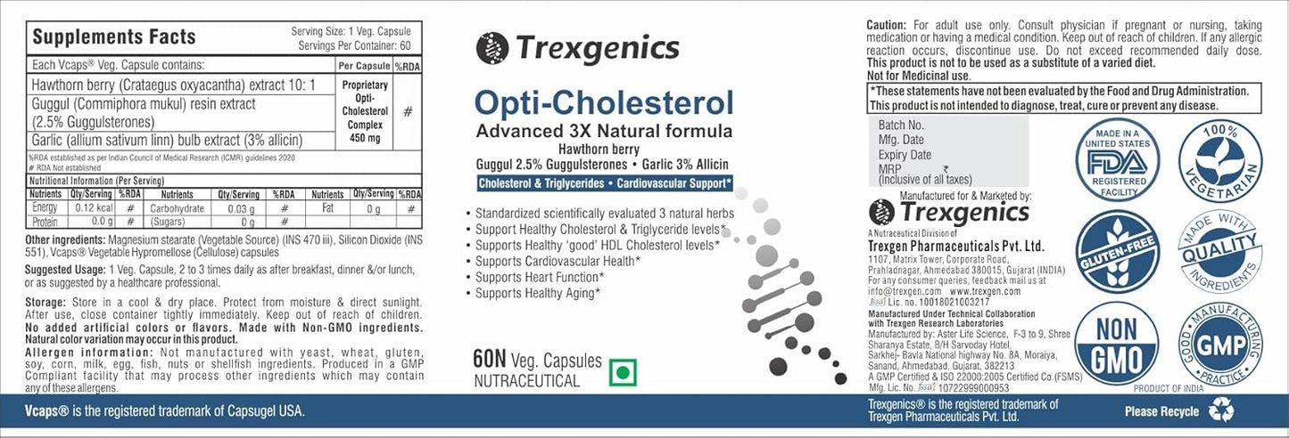 Trexgenics OPTI-CHOLESTEROL Support 3X Herbs, Cardiovascular, Blood Pressure, Triglycerides Support VEGAN & NON-GMO (60 Veg. Capsules) (Pack of 1)