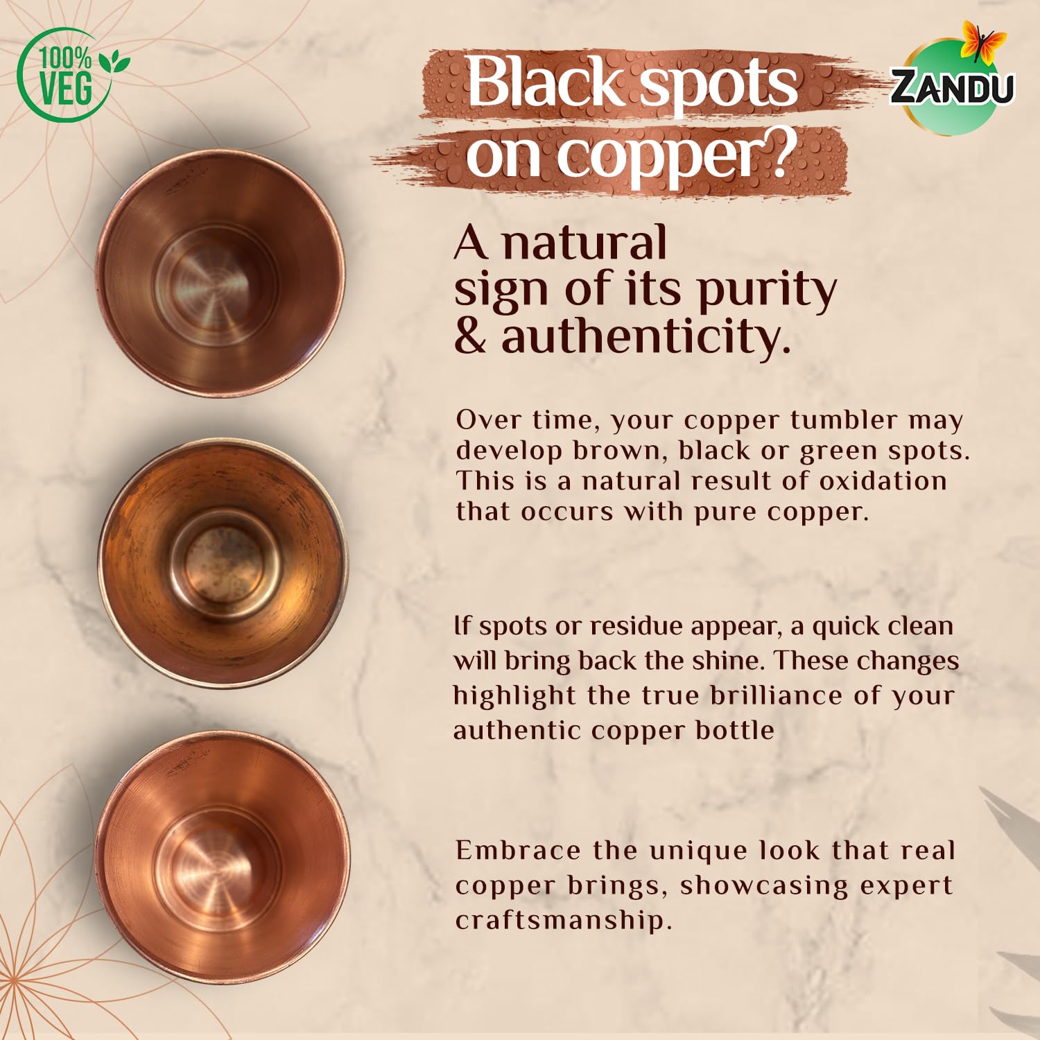 Copper tumblers with text explaining black spots on copper, ZANDU brand visible
