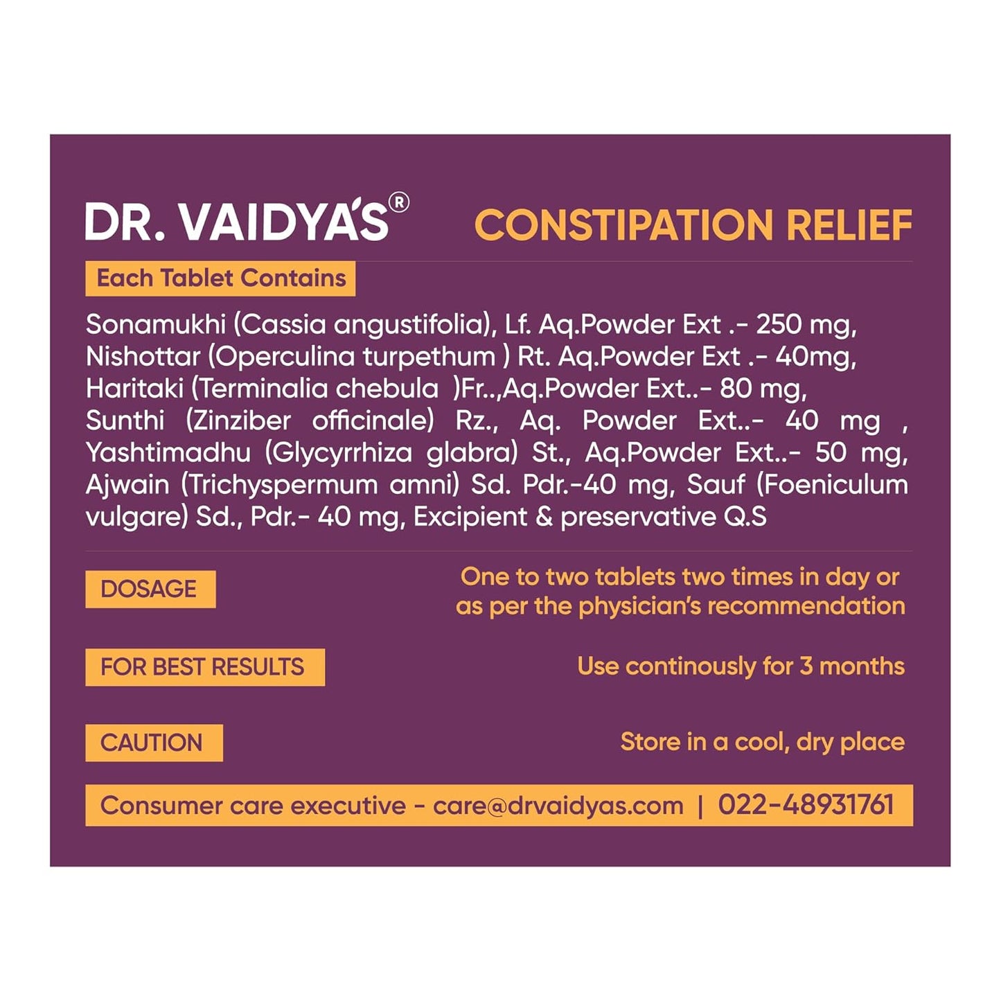 Dr. Vaidya's Constipation Relief Tablets | Improves Digestion & Regulates Bowel Movement | Sonamukhi, Haritaki & Sunth | (30 Tablets)