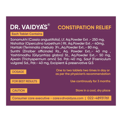 Dr. Vaidya's Constipation Relief Tablets | Improves Digestion & Regulates Bowel Movement | Sonamukhi, Haritaki & Sunth | (30 Tablets)