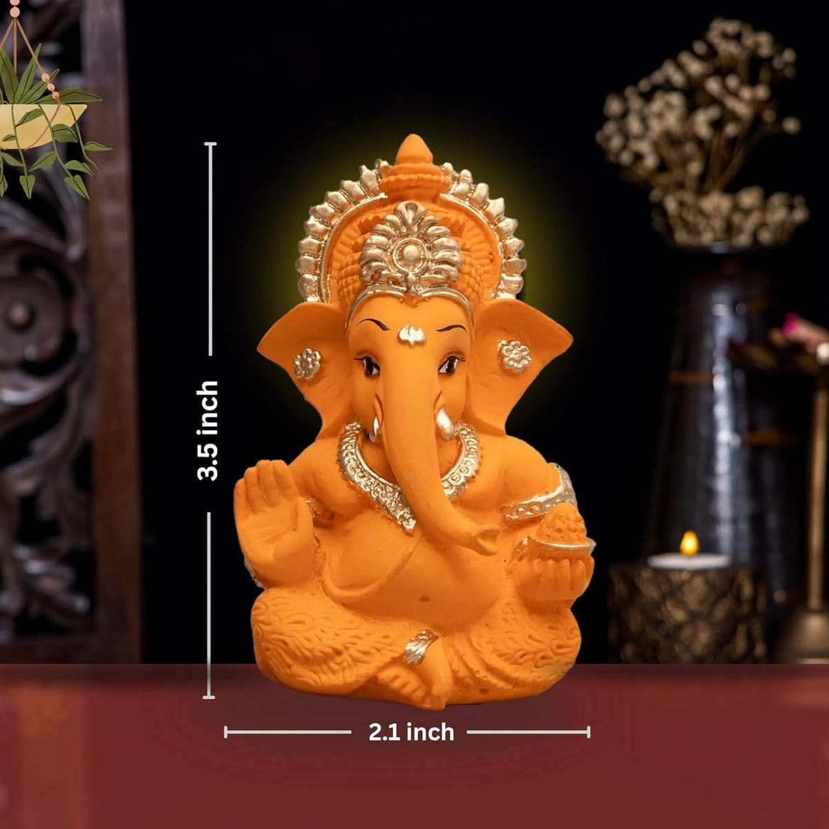 Lord Ganesha Idol for Car Dashboard, Home Temple & Office Decor | Gold Plated Resin Ganpati Murti for Puja, Mandir, Vastu, Diwali, Housewarming Gift | 3.5 Inch | Pack of 1 (Orange)