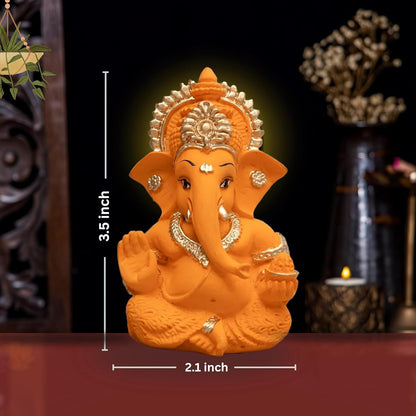 Lord Ganesha Idol for Car Dashboard, Home Temple & Office Decor | Gold Plated Resin Ganpati Murti for Puja, Mandir, Vastu, Diwali, Housewarming Gift | 3.5 Inch | Pack of 1 (Orange)