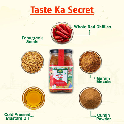 THE LITTLE FARM CO Banarasi Red Chilli Pickle - Lal Mirch ka Achar | Less Oil Mustard Base Homestyle Bharwa Lal Mirch Ka Achar with Spicy Flavour | No Added Preservatives, Artificial Colours & Flavours