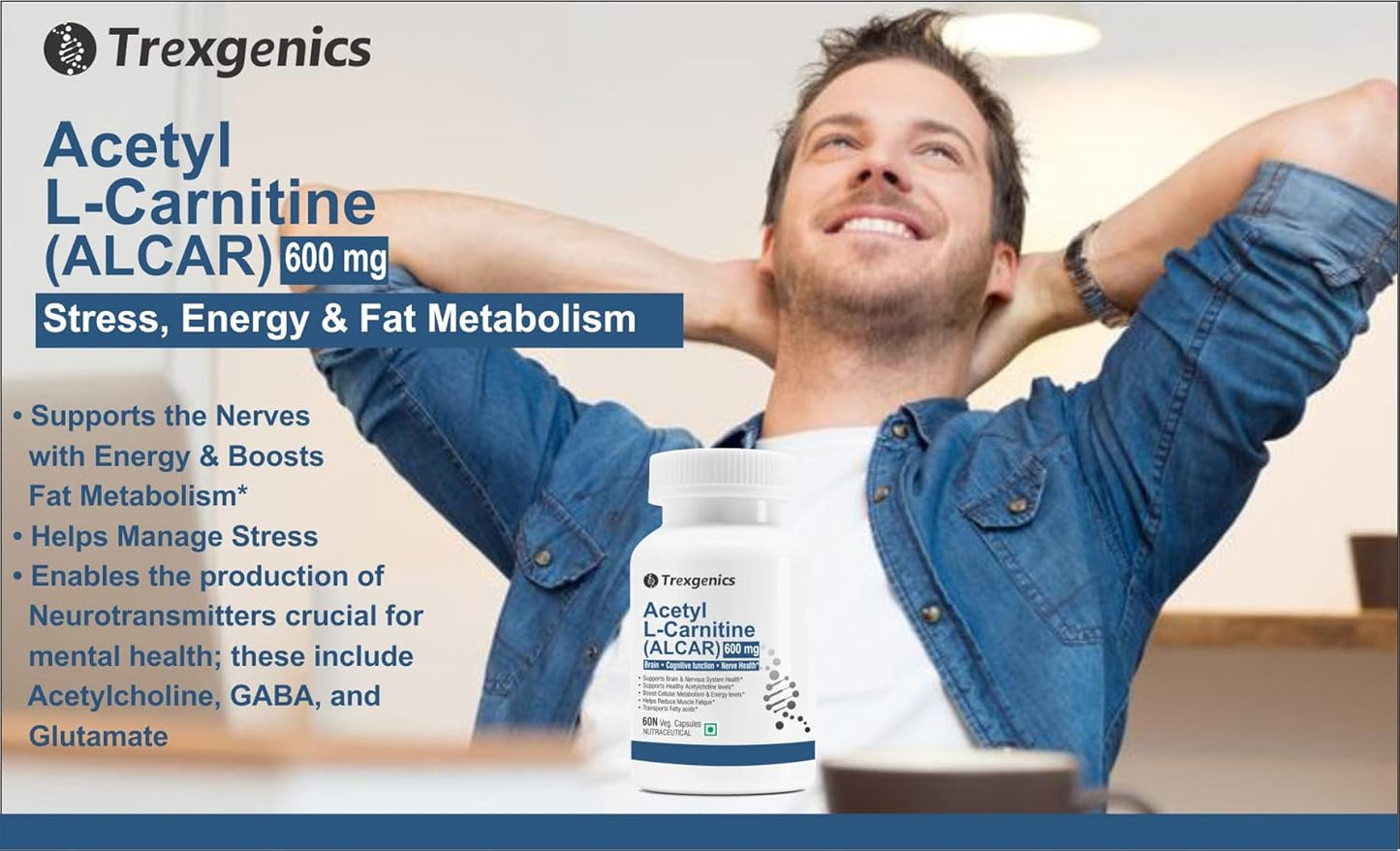 Man relaxing with Trexegenics Acetyl L-Carnitine supplement in foreground