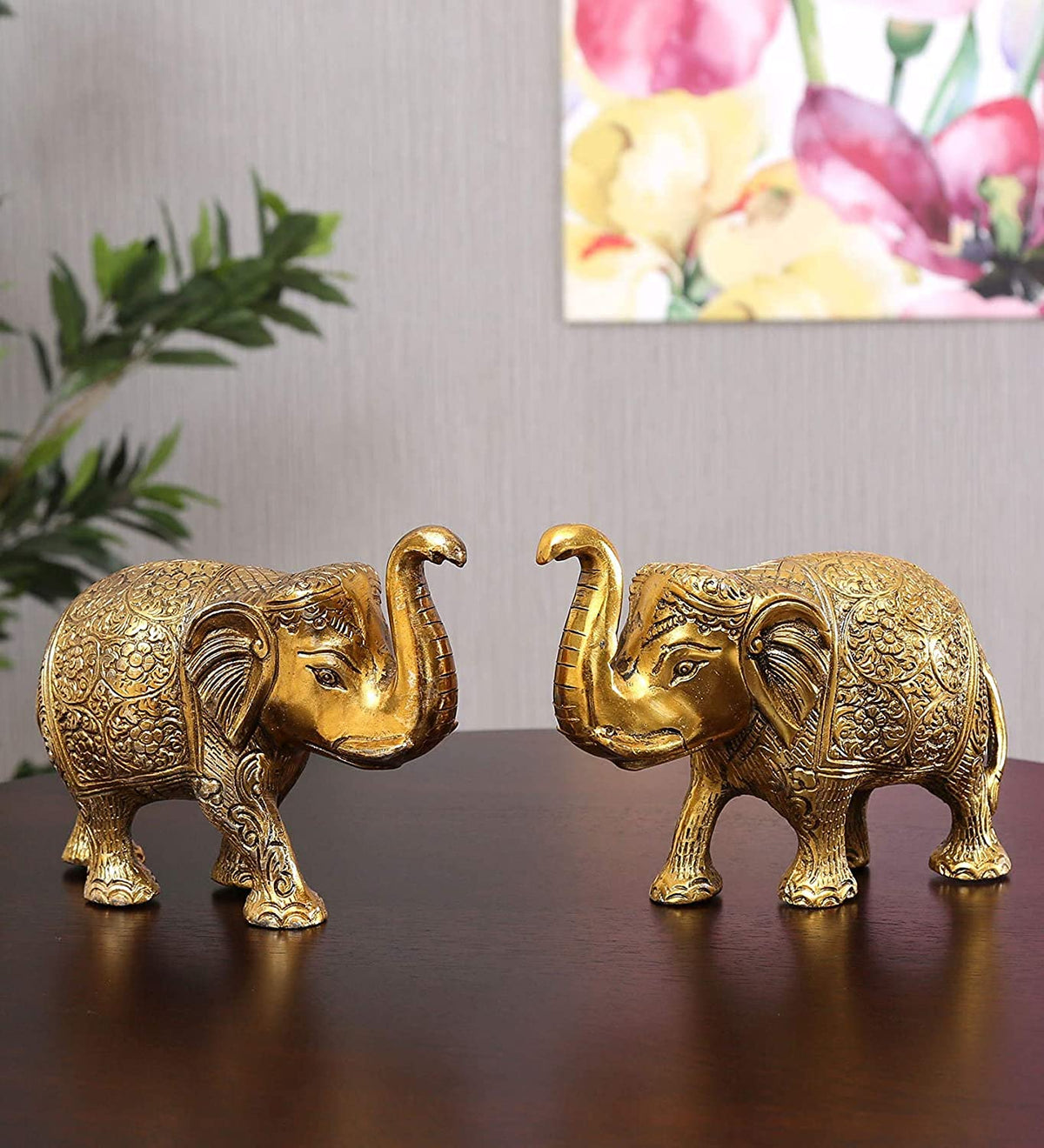 Kalakriti Metal Elephant Statue Small Size Gold Polish 2 pcs Set Enhance Your Home | Car | Office | Table | Article | Animal Decorative Showpiece Figurines for Best Gifting (15X9X4 CM), Golden