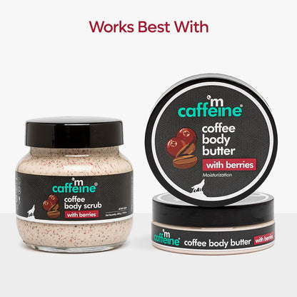 Caffeine coffee body scrub and body butter with berries on a white background