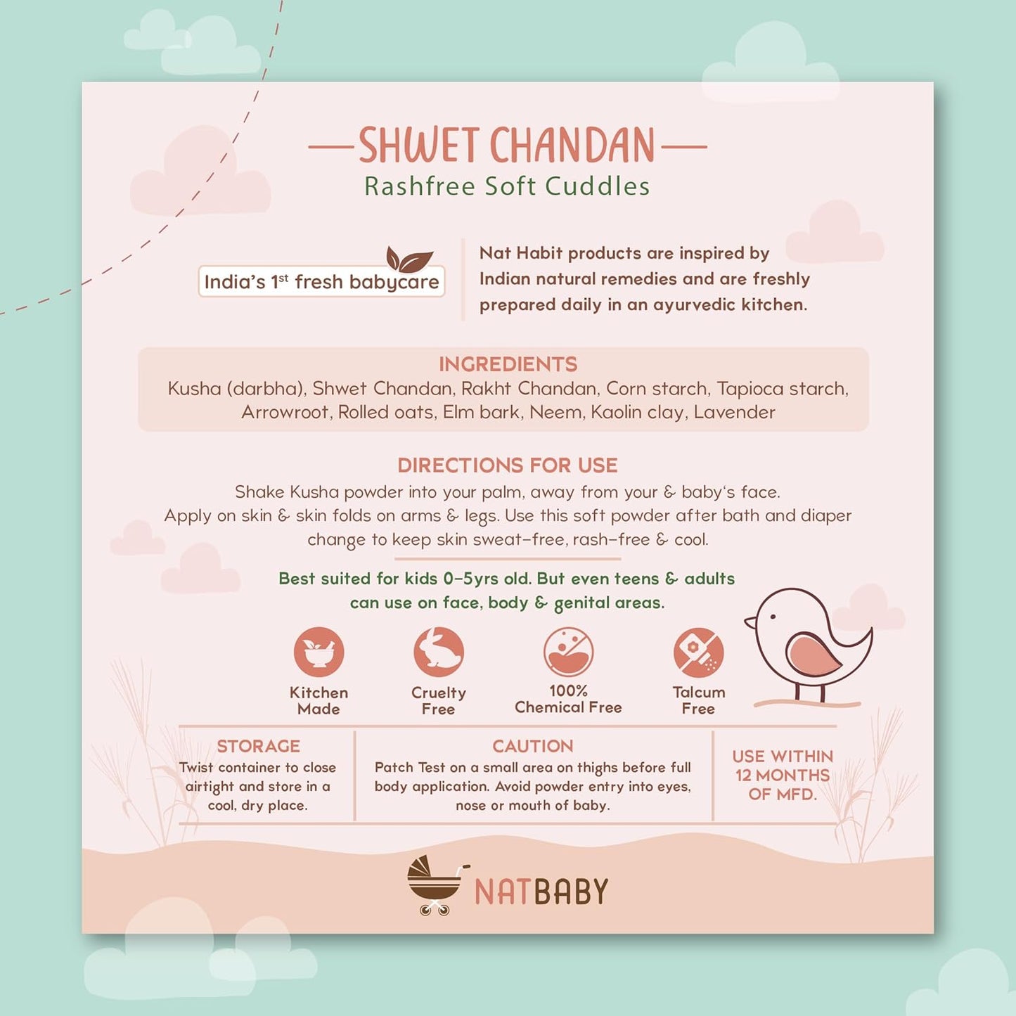 Nat Habit Shwet Chandan Kusha Baby Powder | Talc-Free, Rash-Free Dusting Powder for Newborns & Kids (0 to 5 Yrs) | Cornstarch Baby Powder for Summer, Face & Body | Ayurvedic Baby Puff Powder 150g