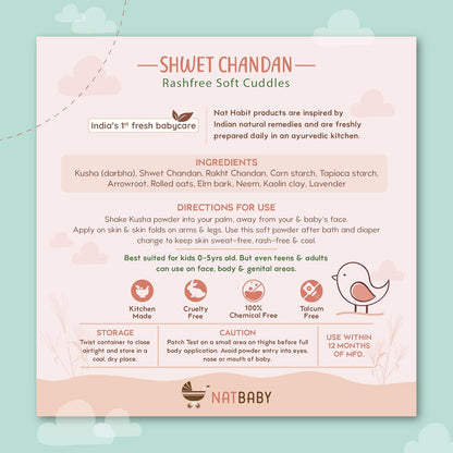 Nat Habit Shwet Chandan Kusha Baby Powder | Talc-Free, Rash-Free Dusting Powder for Newborns & Kids (0 to 5 Yrs) | Cornstarch Baby Powder for Summer, Face & Body | Ayurvedic Baby Puff Powder 150g