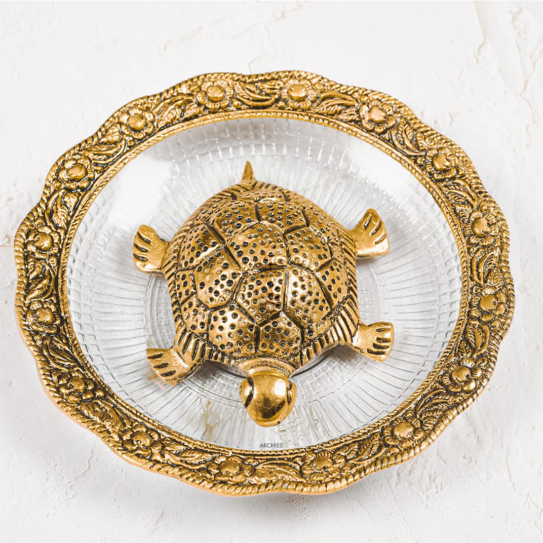 Fengshui Metal Turtle Tortoise Kachua on Crystal Plate Vastu Statue Figurine Idol-HTMTL02A22