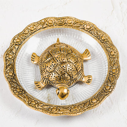 Fengshui Metal Turtle Tortoise Kachua on Crystal Plate Vastu Statue Figurine Idol-HTMTL02A22