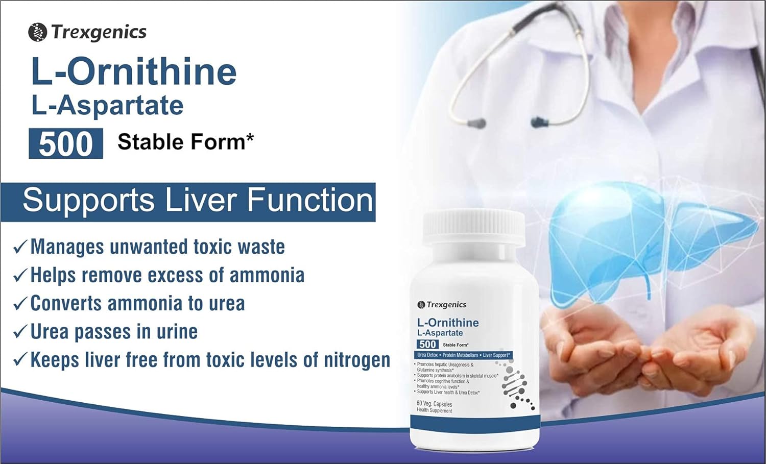 Advertisement for Trexgenics L-Orgothine L-Aspartate 500 Stable Form with a person holding a liver illustration.