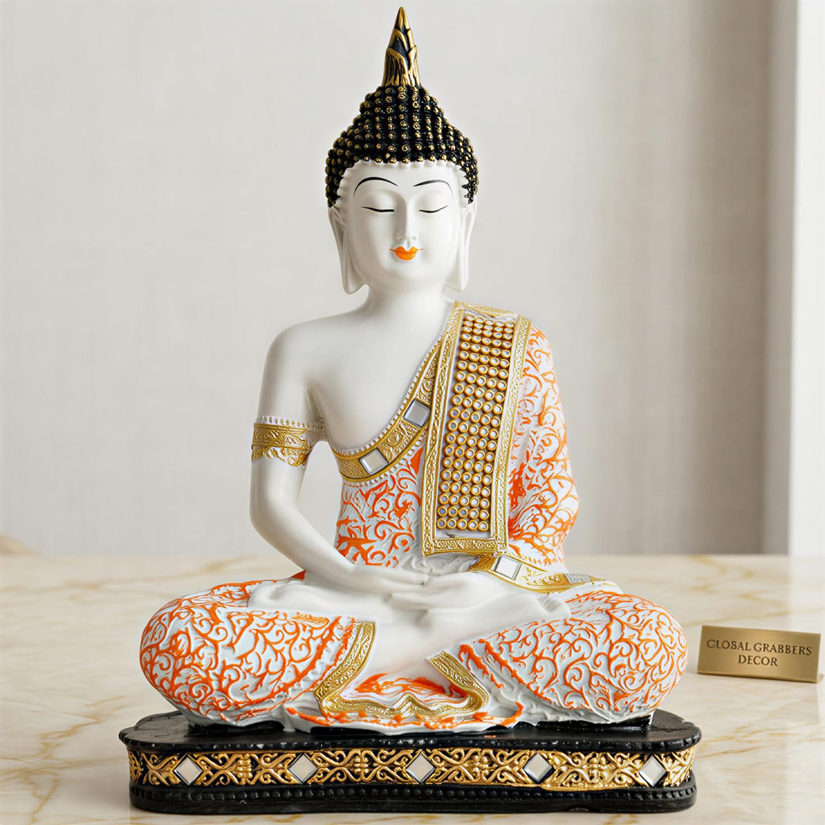 New Limited Edition 25 Centimetre Meditating Sitting Buddha Idol Statue showpiece Home Decor Decoration Items for Living Room and Gifts (Orange1 White)