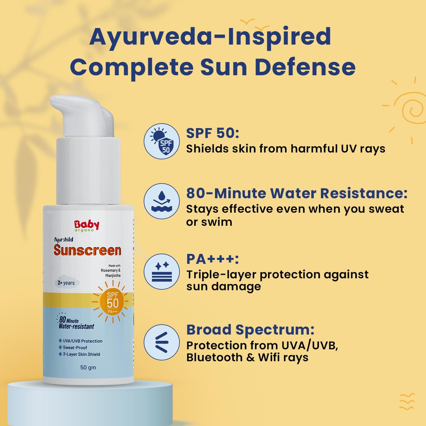 BabyOrgano Ayurvedic Sunscreen for Kids 2+ Yrs | SPF 50 PA+++ | Water Resistant 80 Mins | Manjistha, Rosemary, Beetroot & Avocado Oil | Non-Greasy & Paraben-Free | All Skin Types | 50g