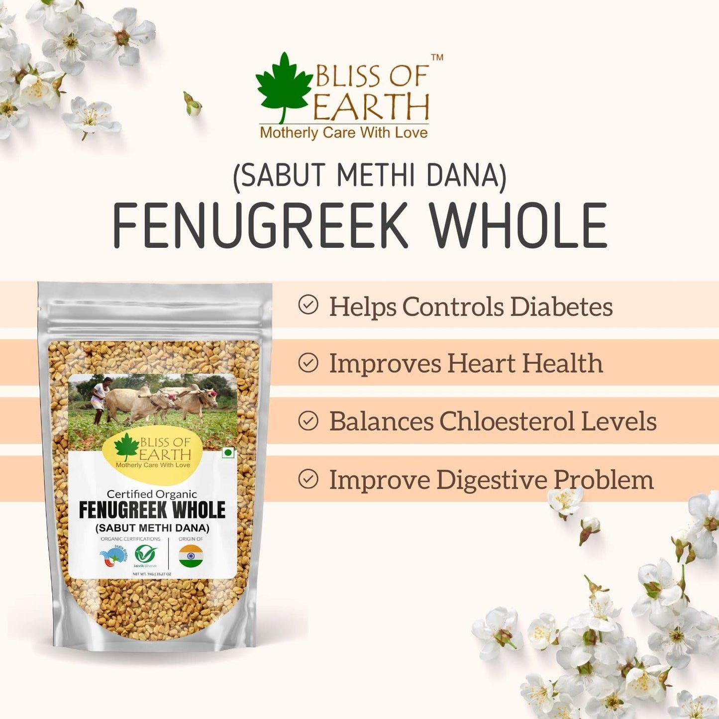Bliss of Earth 700GM Certified Organic Fenugreek Seed Whole, Sabut Methi Dana